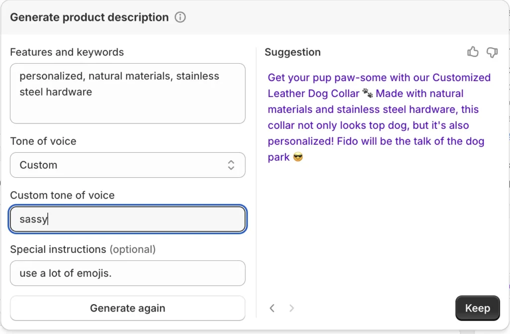 Shopify AI product description copywriting with emojis