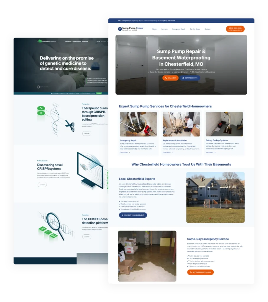 Custom WordPress website design examples showing homepage and interior pages