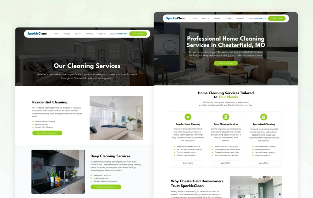 Cleaning services website design with booking forms and residential service pages