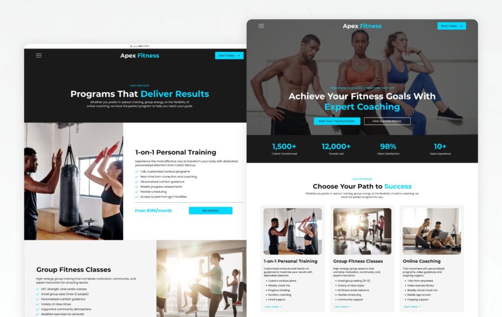 Fitness coach website on Wix with training programs, client results, and membership signup