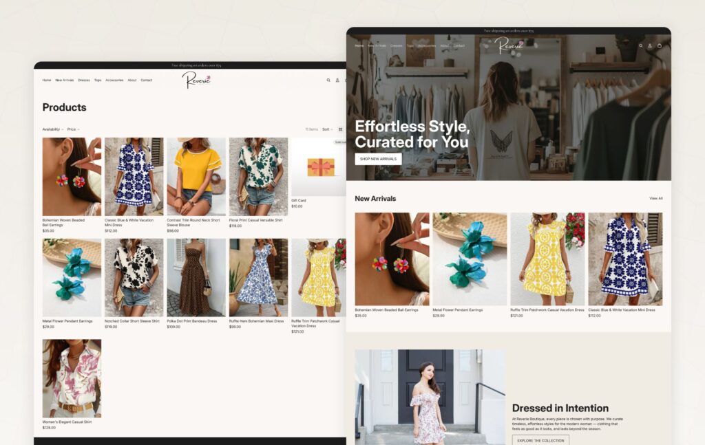 Shopify e-commerce store for women's fashion boutique featuring dresses, accessories, and curated collections