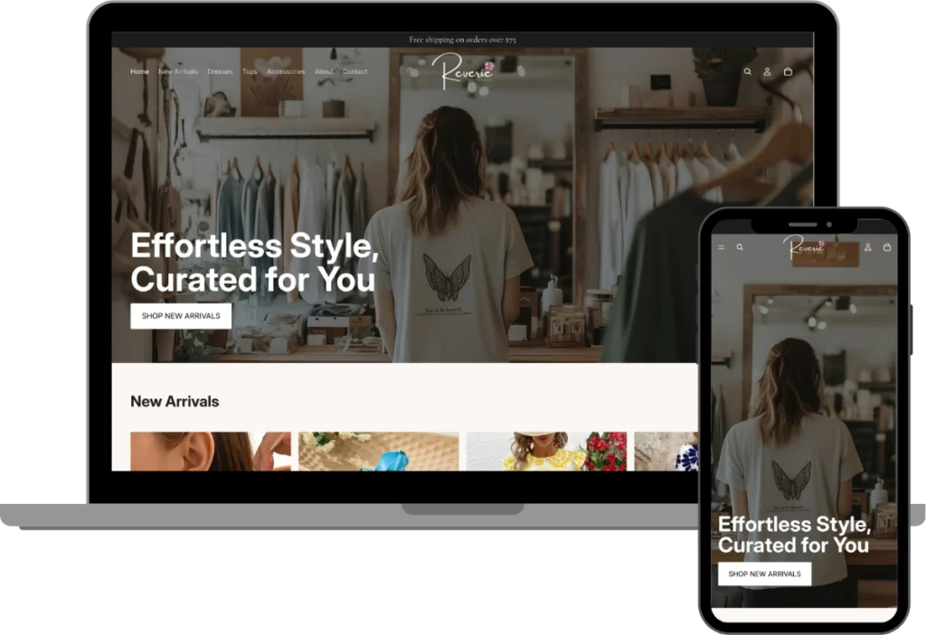 Shopify e-commerce store for women's fashion boutique featuring dresses, accessories, and curated collections