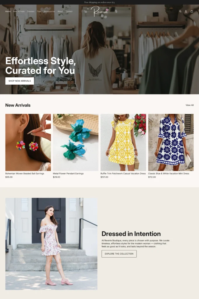 Shopify store homepage for women's fashion boutique featuring hero banner, product collections, and new arrivals section