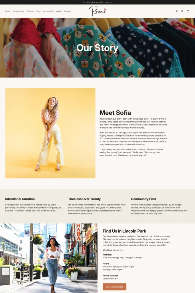 Shopify about page design for fashion boutique with brand story and mission statement
