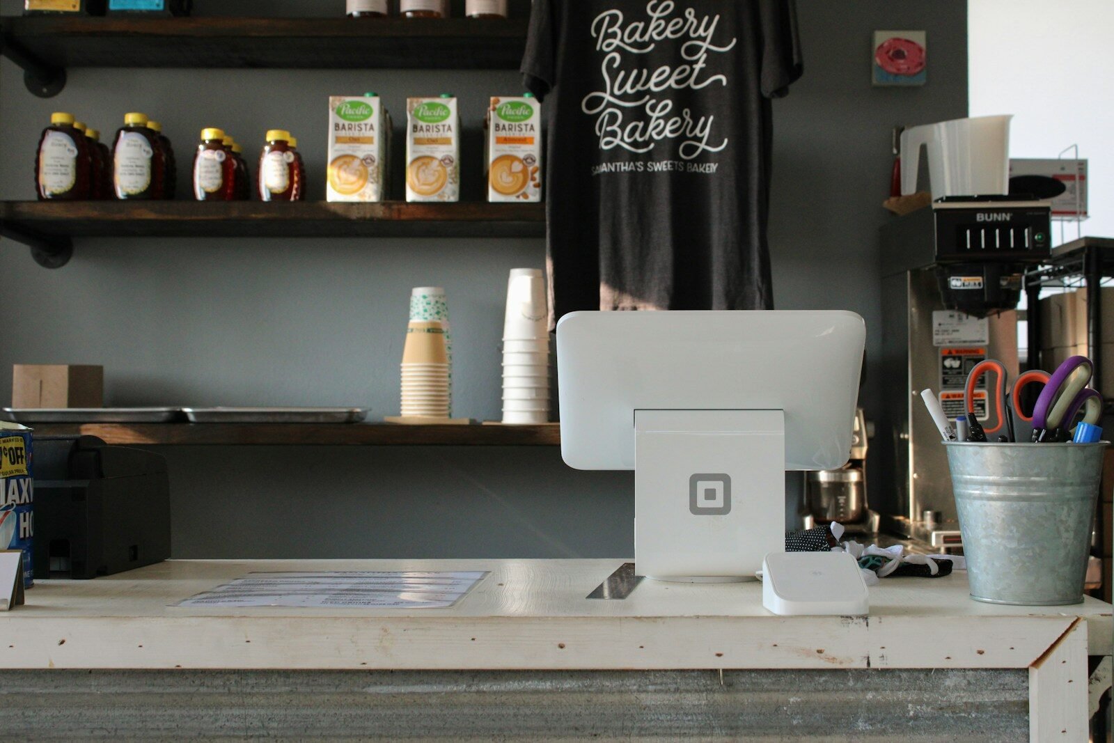 Square POS hardware setup at a coffee shop counter