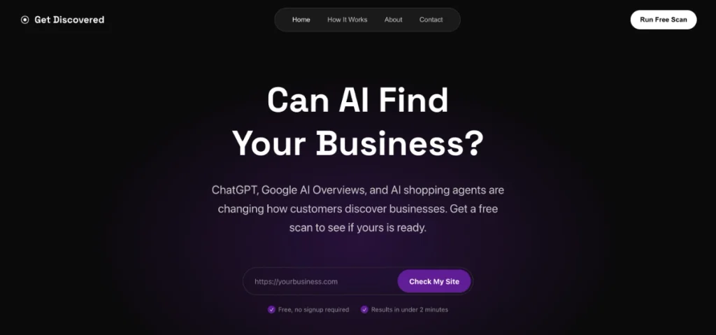 GetDiscovered free AI visibility scan homepage with URL input field